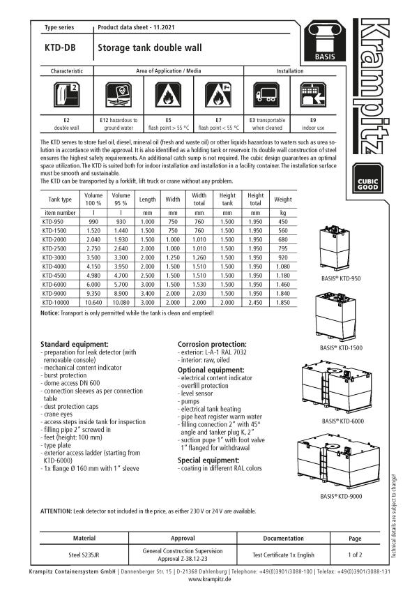 KTD Storage Tank Double Wall - Description / Data Sheet